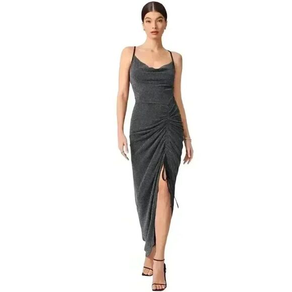 BCBGENERATION Women's Silver/Gray Poly/Spandex Cowl Neck Ruched Split Thigh Cami - Picture 2 of 14